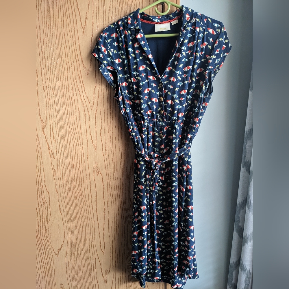 Anthropologie/Maeve navy blue shirt dress with beach ⛱️ umbrellas, size 10